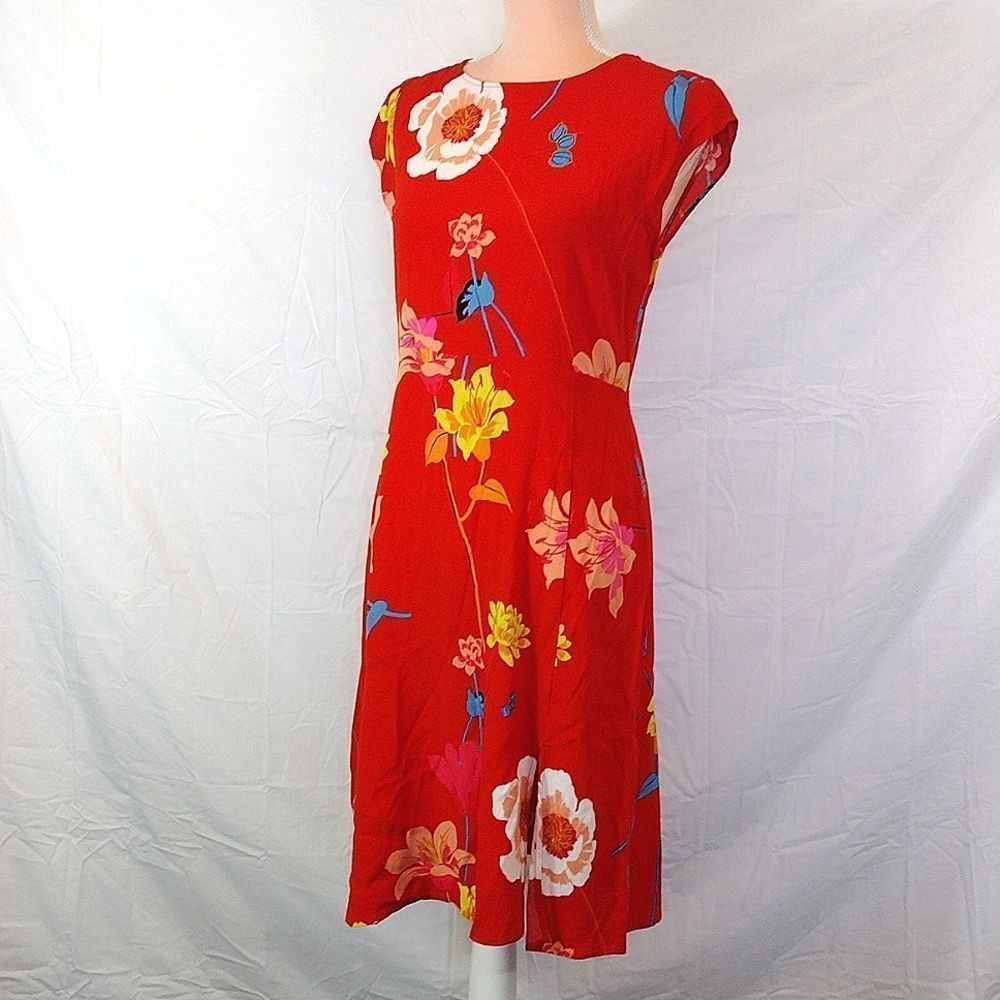 LOFT Orange Red Lily Floral Cap Sleeve Side Slit Midi Dress SMALL - Picture 2 of 16